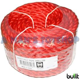 POLY ROPE RED 3 STRAND 8MM X 15 METRE